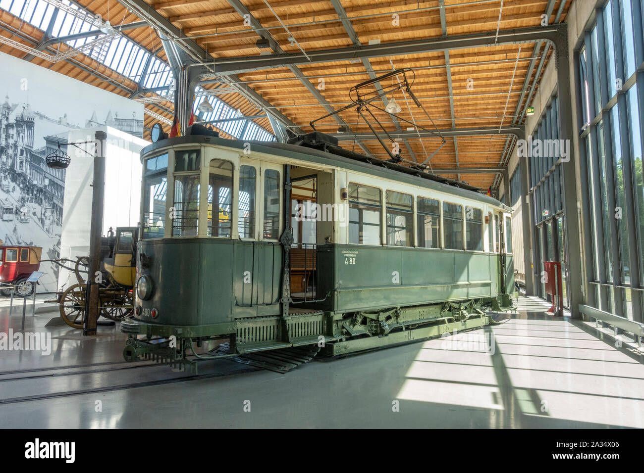 The Tram 801 of the Nuremberg-Fürth Tramways (1926) carriage in the Deutsches Museum Verkehrszentrum (German Transport Museum), Munich, Germany. Stock Photo