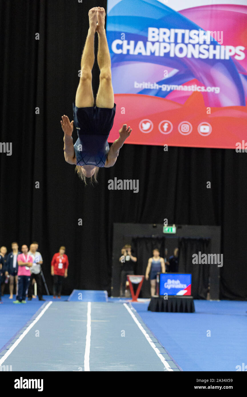 Birmingham, England, UK. 28 September 2019. Nathan Kennedy (Derby City Gymnastics Club) in action during the Trampoline, Tumbling and DMT British Championship Qualifiers at the Arena Birmingham, Birmingham, UK. Stock Photo