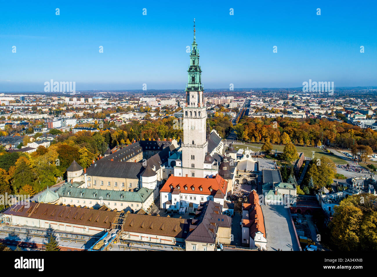 Poland, Częstochowa. Jasna Góra fortified monastery and church on the hill. Famous historic place and Polish Catholic pilgrimage site with Black Madon Stock Photo
