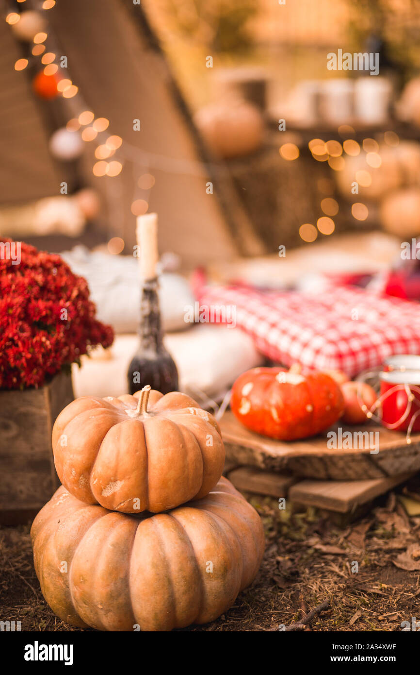 Halloween decorations with pumpkin and other decor objects Stock Photo