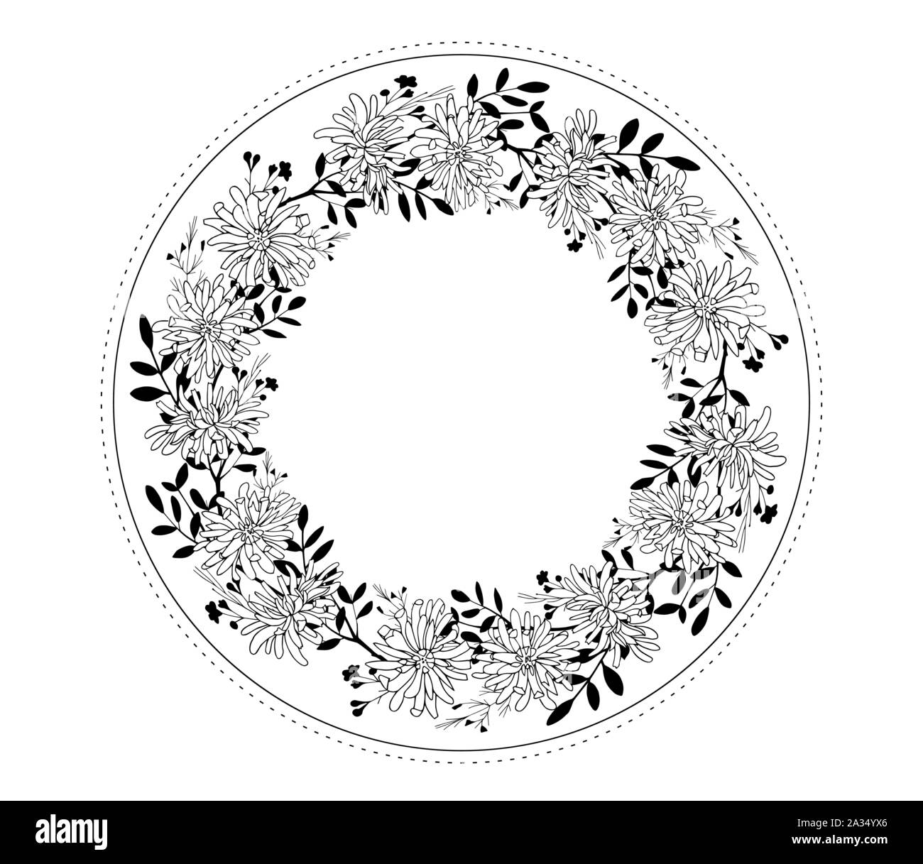 Vector botanical frame with chrysanthemum flowers and silhouettes of ...
