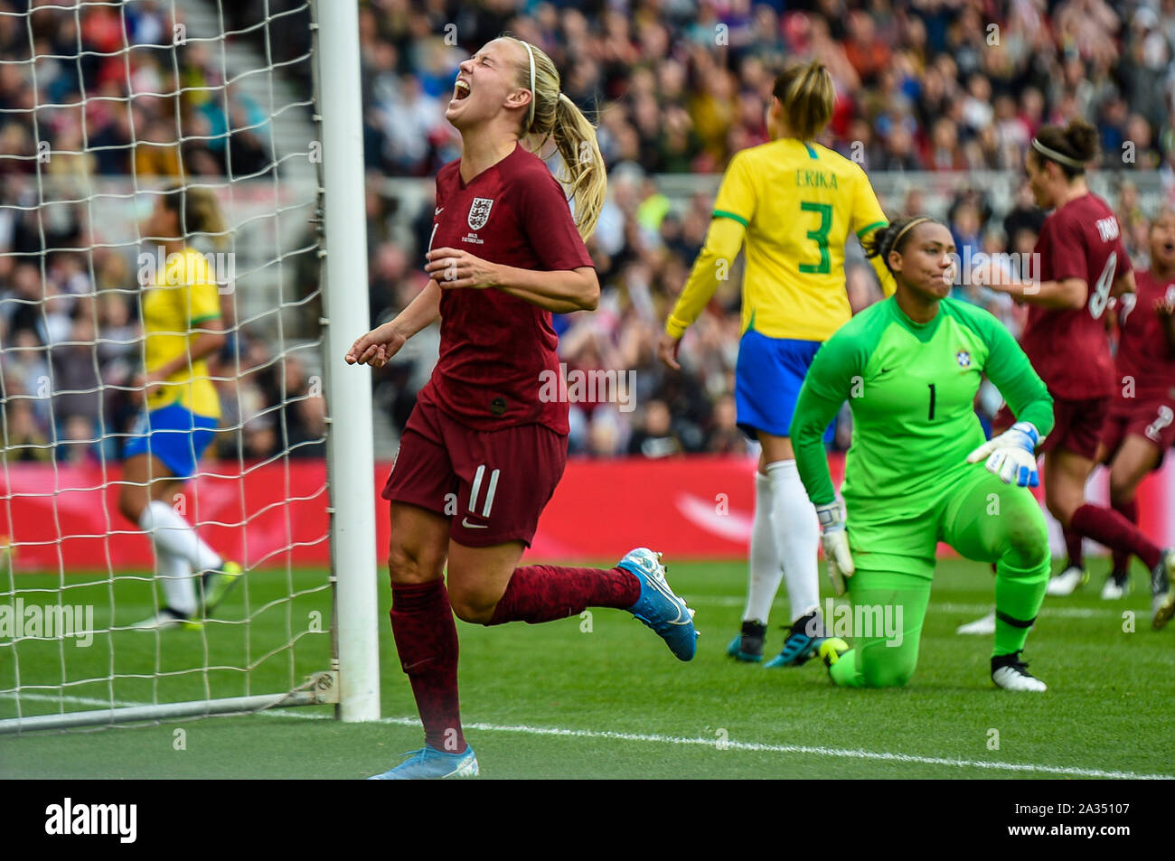 Middlesbrough, UK. 05th Oct, 2019. MIDDLESBROUGH, ENGLAND OCTOBER 5TH Beth Mead of England Women is disappointed as her shot goes wide during the International Friendly match between England Women and Brazil Women at the Riverside Stadium, Middlesbrough on Saturday 5th October 2019.( Credit: Iam Burn | MI News) Photograph may only be used for newspaper and/or magazine editorial purposes, license required for commercial use Credit: MI News & Sport /Alamy Live News Stock Photo