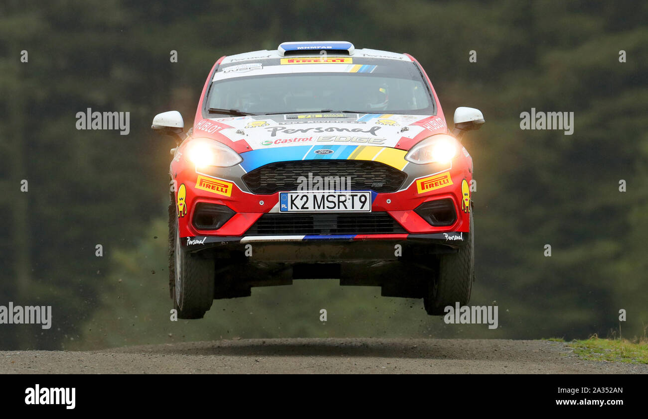 Fabrizio Zaldivar and Fernando Mussano in the Ford Fiesta R2 during day three of the Wales Rally GB. Stock Photo