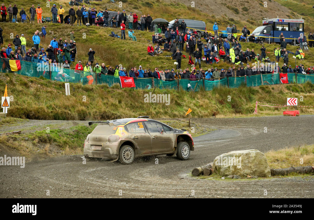 Belgium’s Guillaume De Mevius and Martijn Wydaeghe in the Citroen C3 R5 during day three of the Wales Rally GB. Stock Photo