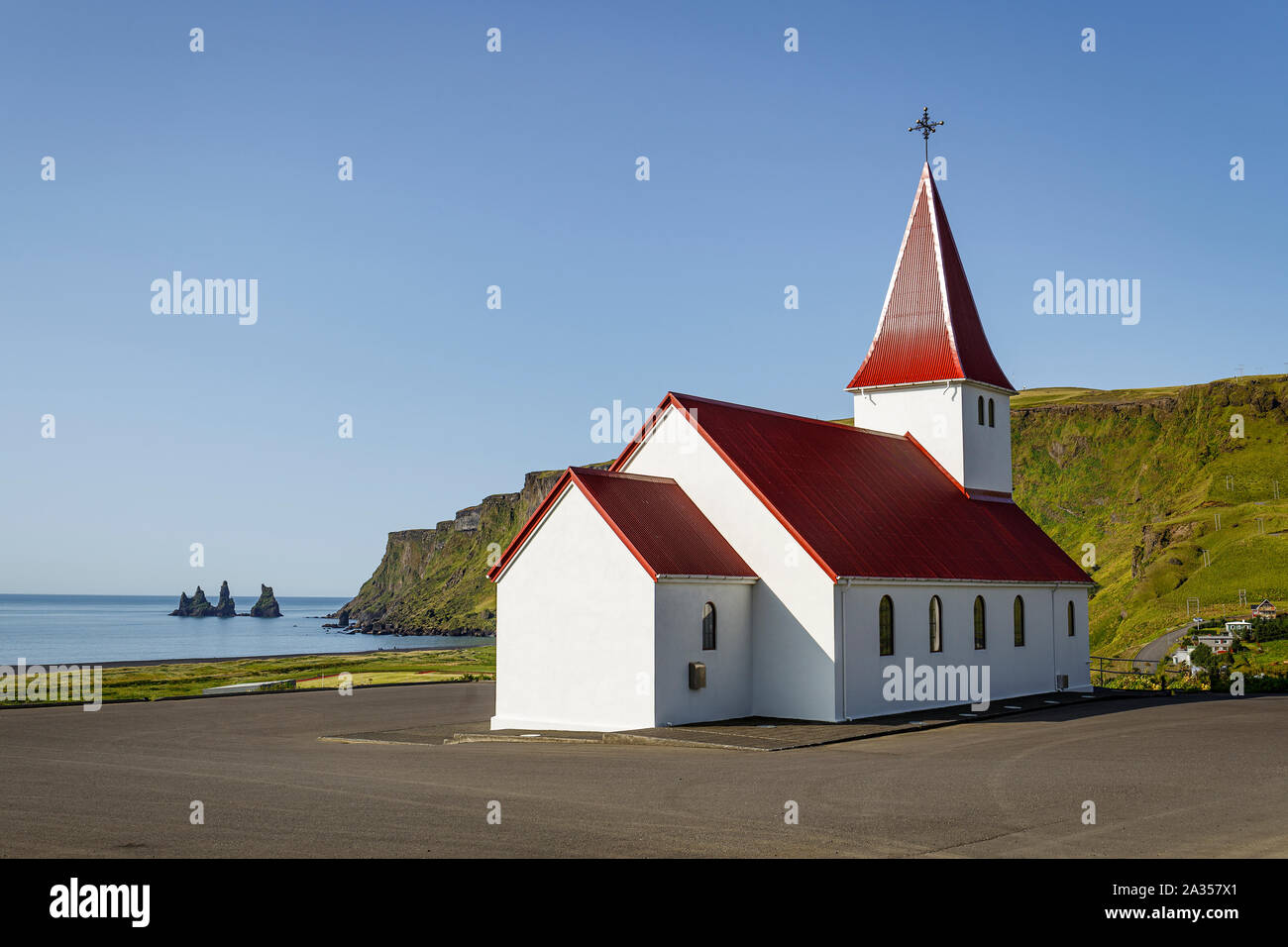 Church overlooking Vik, southern Iceland Stock Photo