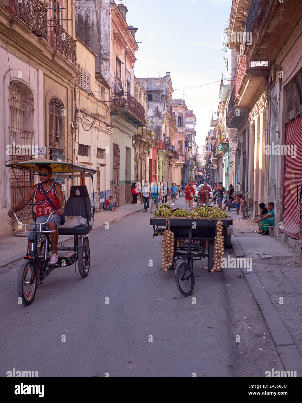 Onions and bananas for sale on a cart in Havana, Cuba Stock Photo