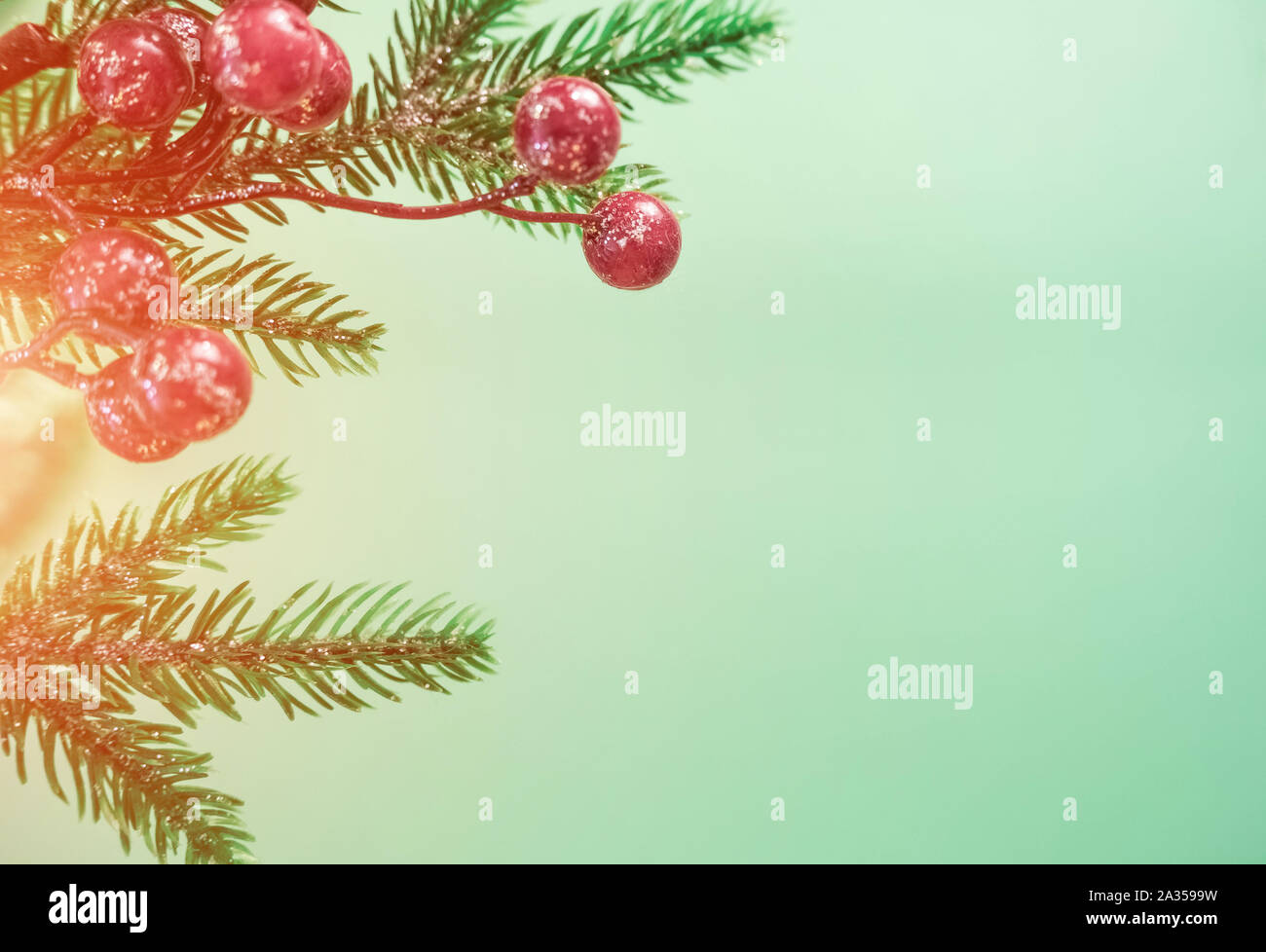 Christmas decorations with red berries and fir branches on a beautiful ...