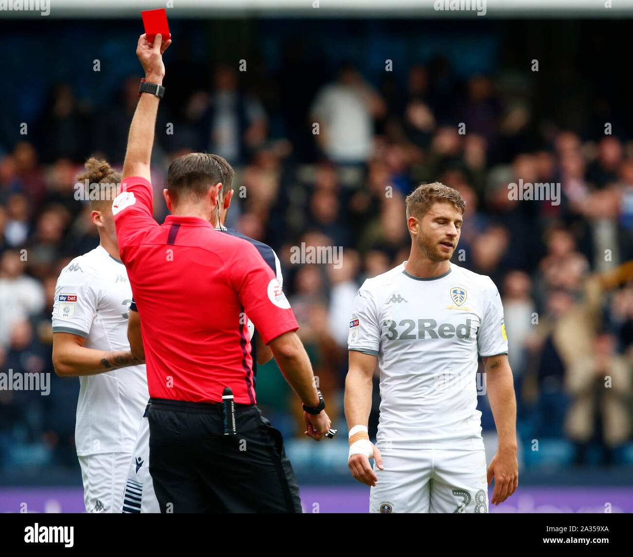 London, UK. 5th Oct, 2019. Kalvin Phillips of Leeds United gets red card during English Sky Bet Championship between Millwall and Leeds United at The Den, London, England on 05 October 2019 Credit: Action Foto Sport/Alamy Live News Stock Photo