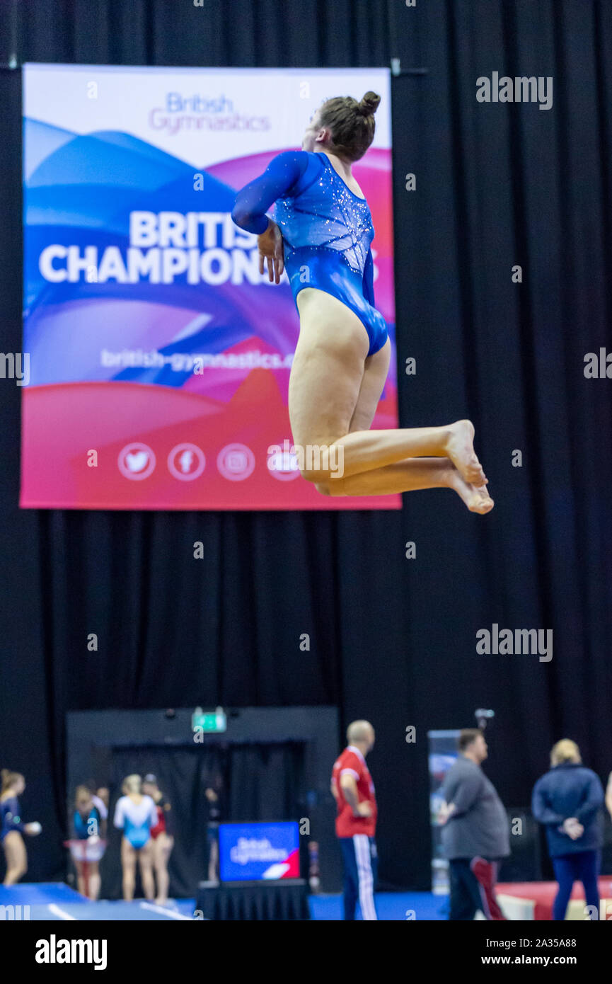 Birmingham, England, UK. 28 September 2019. Megan Surman (City of Birmingham Gymnastics Club) in action during the Trampoline, Tumbling and DMT British Championship Qualifiers at the Arena Birmingham, Birmingham, UK. Stock Photo