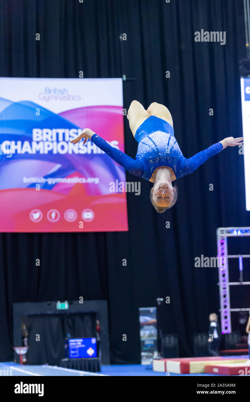 Birmingham, England, UK. 28 September 2019. Megan Surman (City of Birmingham Gymnastics Club) in action during the Trampoline, Tumbling and DMT British Championship Qualifiers at the Arena Birmingham, Birmingham, UK. Stock Photo