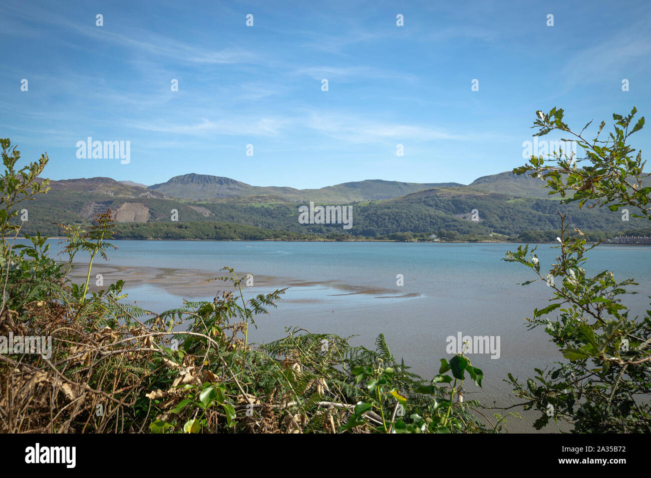 River Mawddach estuary at low tide in Barmouth, North Wales Stock Photo