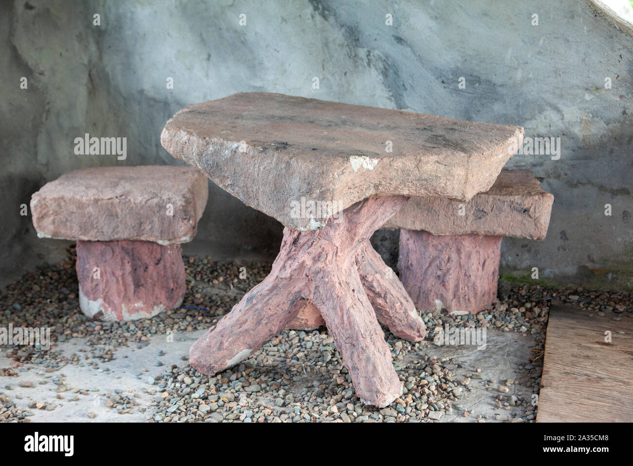 Small stone kitchen set in the style of the prehistoric times in a stone house  in Canada Stock Photo