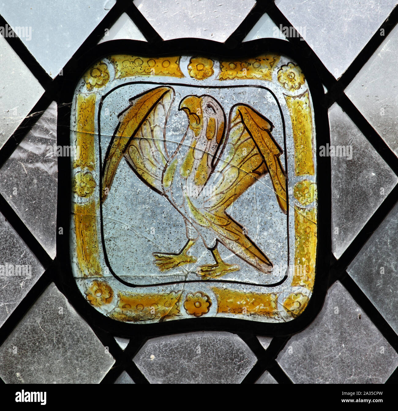 A circa 15th century stained glass panel depicting a falcon, Church of St Lawrence, Barton on the Heath, Warwickshire Stock Photo