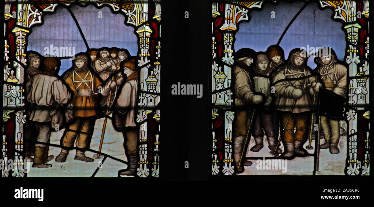 A stained glass window by the Kempe Studios. depicting scenes from Falcon Scott's Polar Expedition, Church of St Peter, Binton, Warwickshire Stock Photo