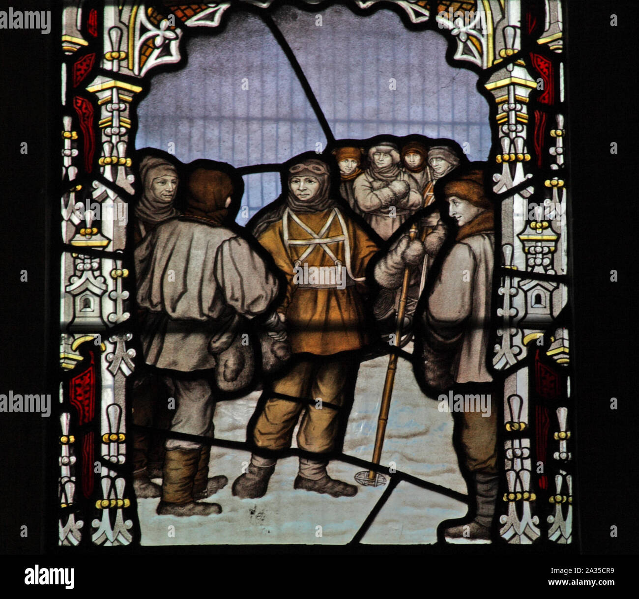 A stained glass window by the Kempe Studios. depicting scenes from Falcon Scott's Polar Expedition, Church of St Peter, Binton, Warwickshire Stock Photo