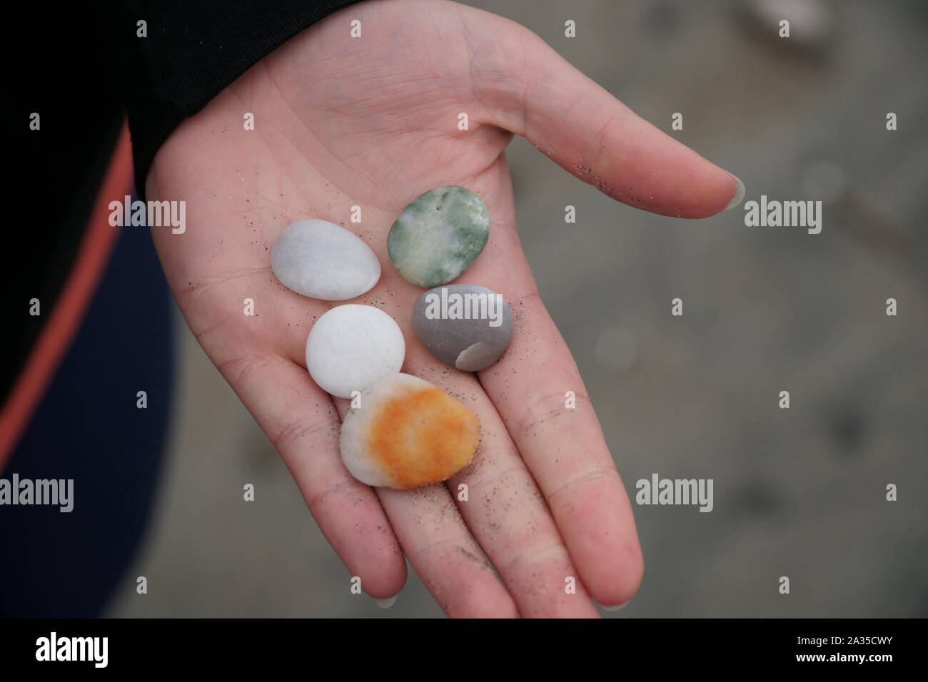 Colored pebbles in woman's hand Stock Photo