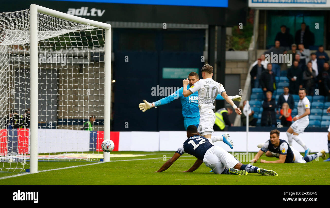 London, UK. 5th Oct, 2019. Ezgjan Alioski of Leeds United scores during English Sky Bet Championship between Millwall and Leeds United at The Den, London, England on 05 October 2019 Credit: Action Foto Sport/Alamy Live News Stock Photo
