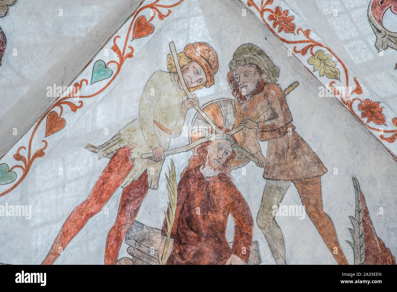 The Crowning with Thorns, a wall-painting from about the year 1500 in the church of St. Mary, Elsinore, Denmark, May 14, 2019 Stock Photo