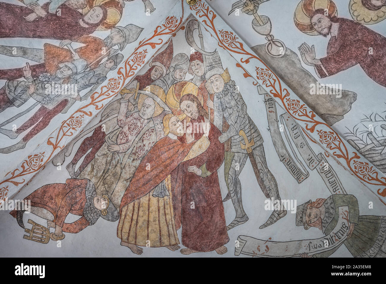 the Betrayal of Christ, a wall-painting from about the year 1500 in the church of St. Mary, Elsinore, Denmark, May 14, 2019 Stock Photo