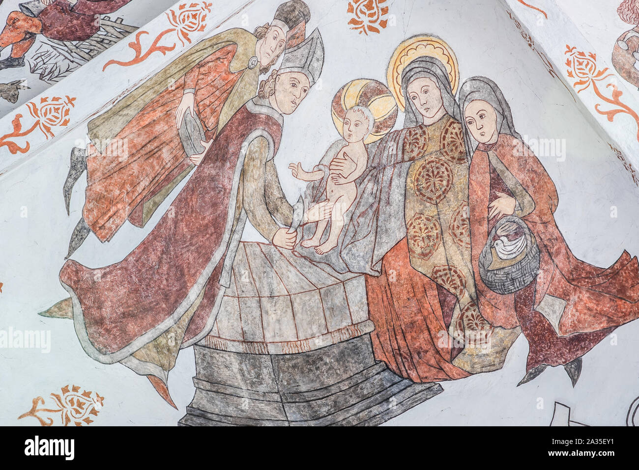 the circumcision of Jesus, a wall-painting from about the year 1500 in the church of St. Mary, Elsinore, Denmark, May 14, 2019 Stock Photo