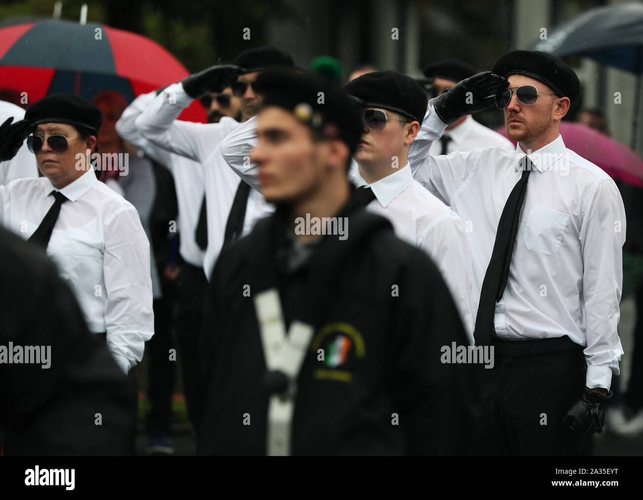 A colour party in Raymond McCreesh Park following a parade in Newry, Co Down, organised by political party Saoradh to commemorate hunger strikes. Stock Photo
