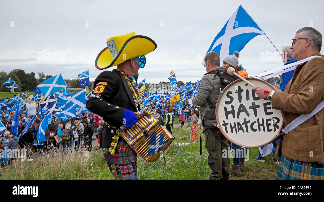 Edinburgh, Scotland, UK. 5th October 2019. Thousands of people of all ages marched on the streets of Edinburgh in a pro-Scottish independence march through the streets of Edinburgh. Organisations and groups who support separation from the United Kingdom joined the All Under One Banner (AUOB) procession on Saturday. AUOB estimate that at least 100,000 people might join the rally. Stock Photo