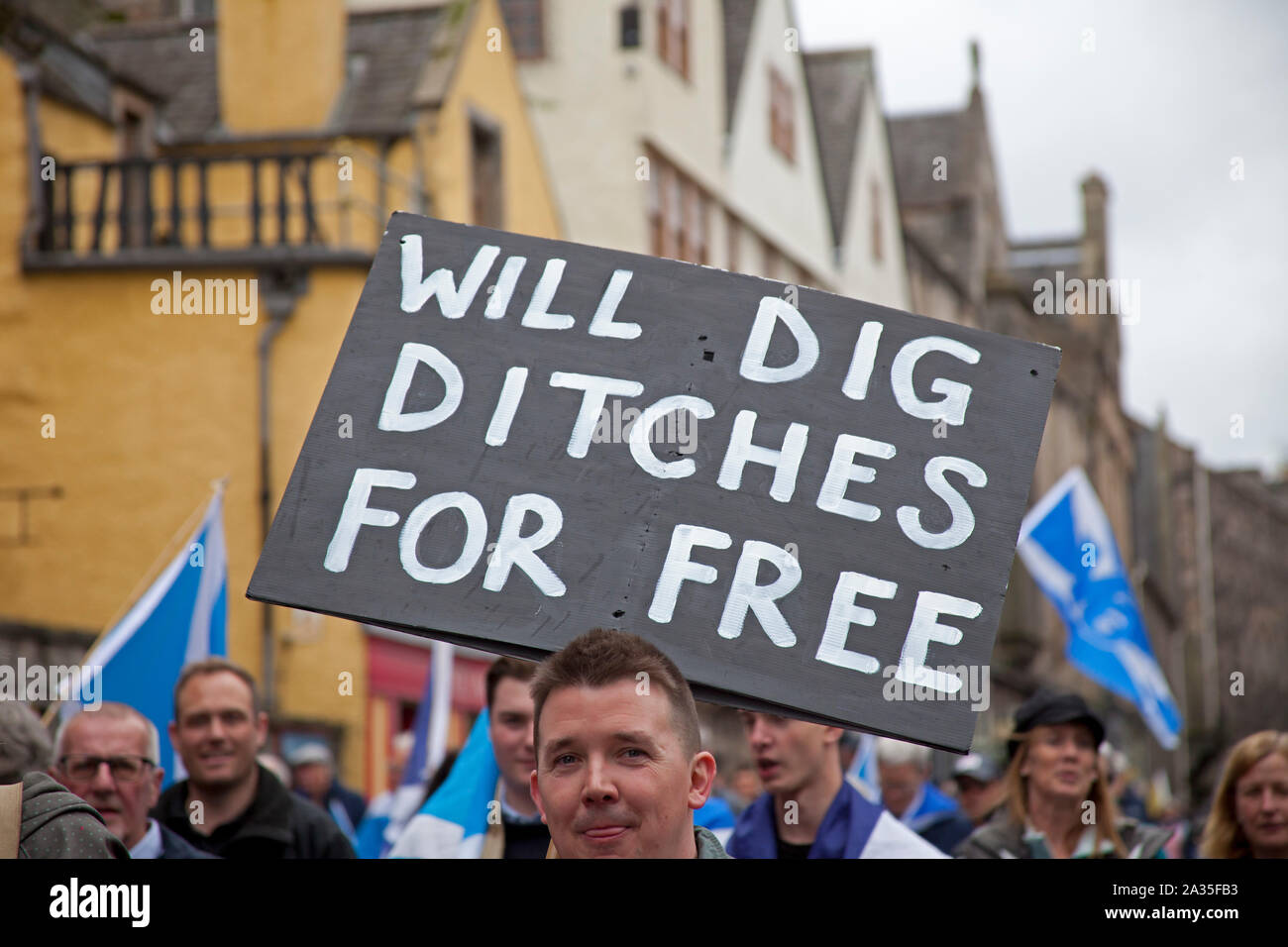 Edinburgh, Scotland, UK. 5th October 2019. Thousands of people of all ages marched on the streets ofEdinburgh in a pro-Scottish independence march through the streets of Edinburgh. Organisations and groups who support separation from the United Kingdom joined the All Under One Banner (AUOB) procession on Saturday. AUOB estimate that at least 100,000 people might join the rally. Stock Photo