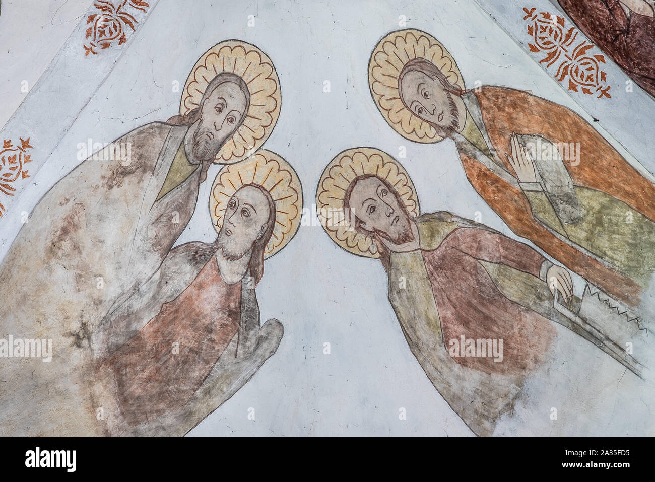 Mural of four apostles, a wall-painting from about the year 1500 in the church of St. Mary, Elsinore, Denmark, May 14, 2019 Stock Photo