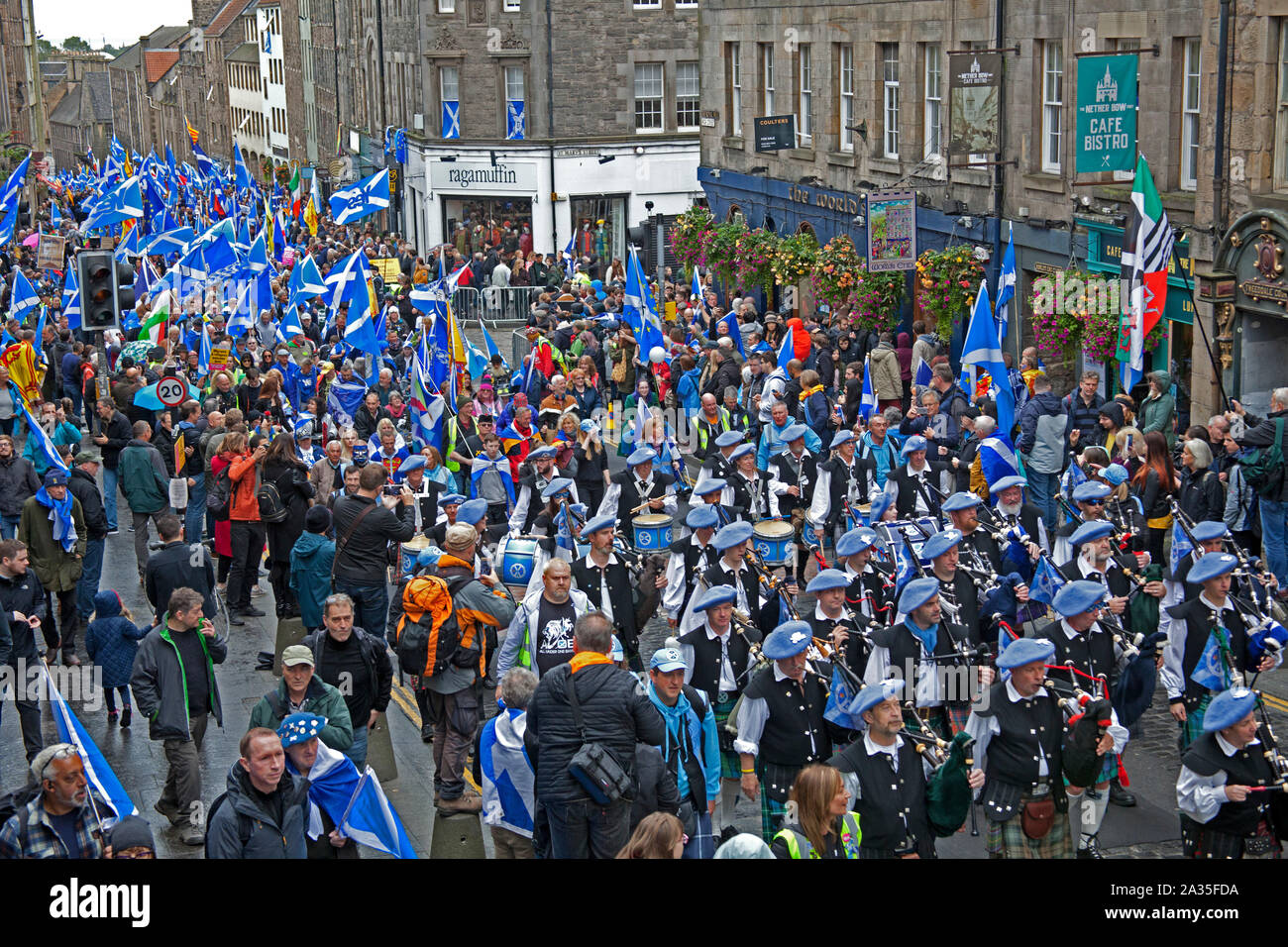 Edinburgh, Scotland, UK. 5th October 2019. Thousands of people of all ages marched on the streets of Edinburgh in a pro-Scottish independence march through the streets of Edinburgh. Organisations and groups who support separation from the United Kingdom joined the All Under One Banner (AUOB) procession on Saturday. AUOB estimate that at least 100,000 people might join the rally. Stock Photo