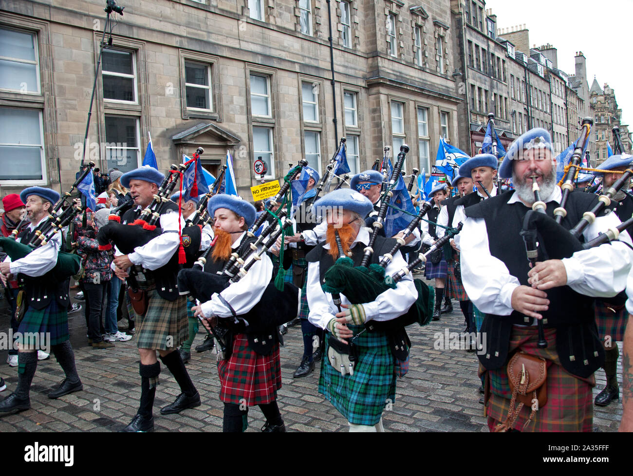 Edinburgh, Scotland, UK. 5th October 2019. Thousands of people of all ages marched on the streets ofEdinburgh in a pro-Scottish independence march through the streets of Edinburgh. Organisations and groups who support separation from the United Kingdom joined the All Under One Banner (AUOB) procession on Saturday. Pictured 'Saor Alba' pipes and drums. AUOB estimate that at least 100,000 people might join the rally. Stock Photo