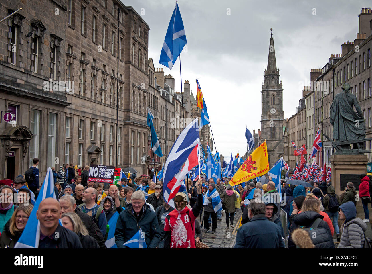 Edinburgh, Scotland, UK. 5th October 2019. Thousands of people of all ages marched on the streets ofEdinburgh in a pro-Scottish independence march through the streets of Edinburgh. Organisations and groups who support separation from the United Kingdom joined the All Under One Banner (AUOB) procession on Saturday. AUOB estimate that at least 100,000 people might join the rally. Stock Photo