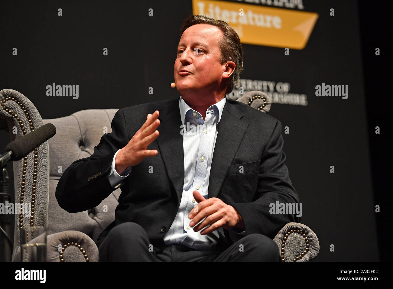 David Cameron speaking during the Cheltenham Literature Festival at Cheltenham Racecourse. Stock Photo