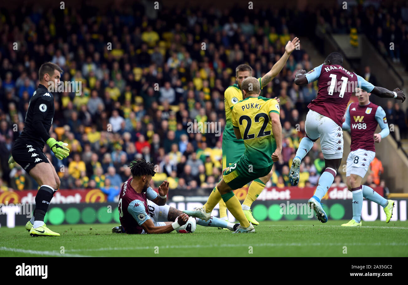 The ball appears to strike the hand of Aston Villa's Tyrone Mings in the penalty area after the shot from Norwich City's Teemu Pukki during the Premier League match at Carrow Road, Norwich. Stock Photo