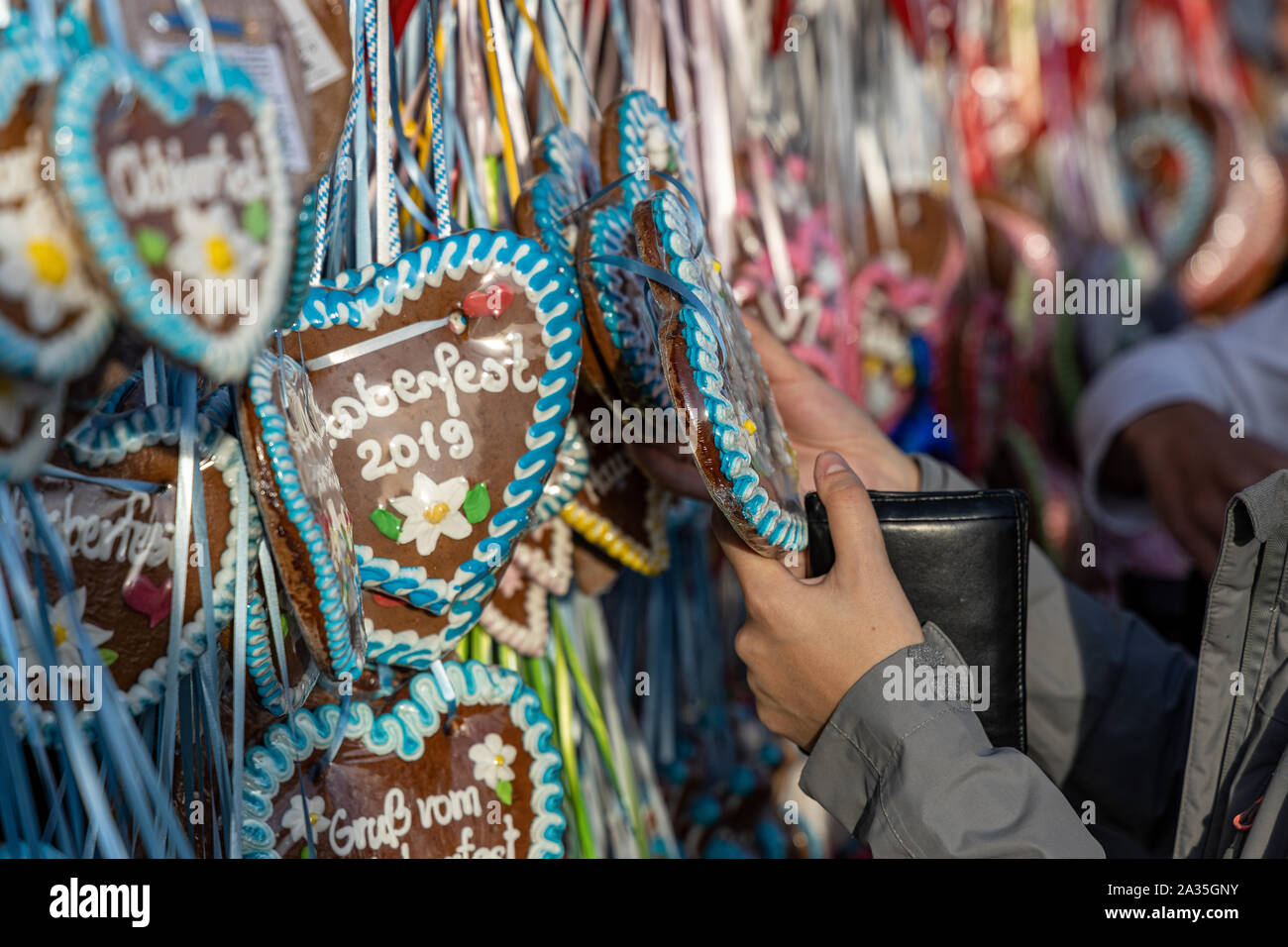 hands of a women on a typical gingerbread hearts at the oktoberfest in munich 2019 with the word Oktoberfest 2019 on it. Stock Photo