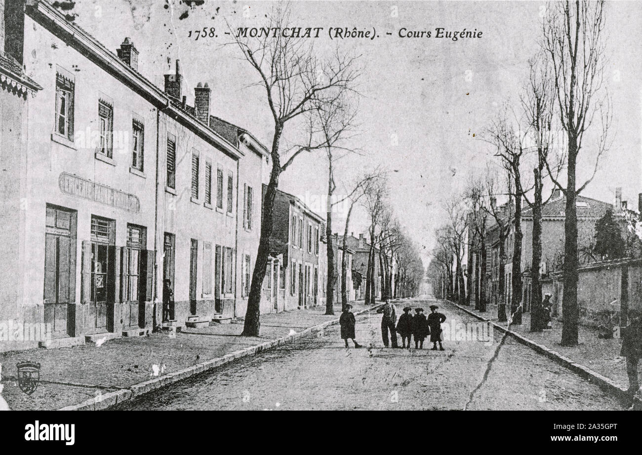Postcard of early XXth century: a street of Montchat district, Lyon, France Stock Photo