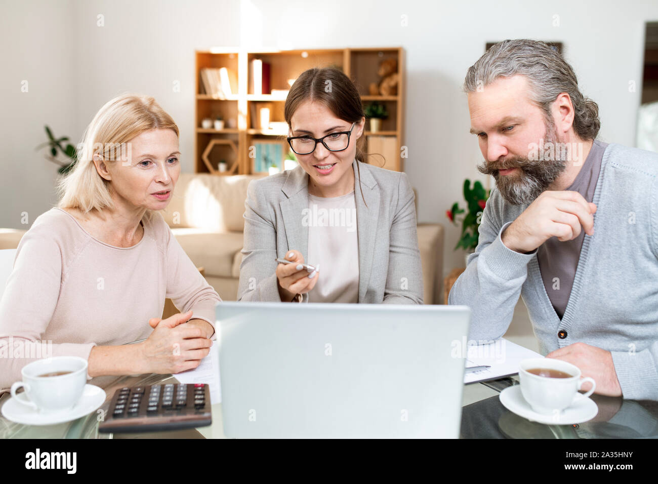 Mature couple looking at laptop display while financial advisor explaining data Stock Photo