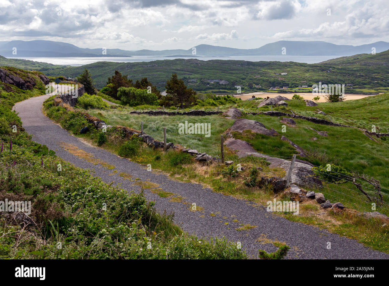 Scenic coastal landscape on the Ring of Kerry, a part of the Wild Atlantic Way on the west coast of the Republic of Ireland. Stock Photo