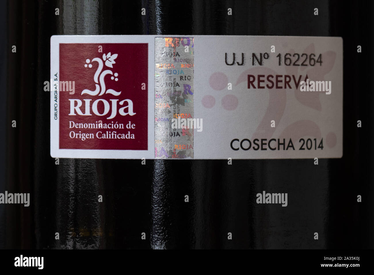 Rioja aging classification and wine quality assurance label on bottle of rioja reserva wine Stock Photo