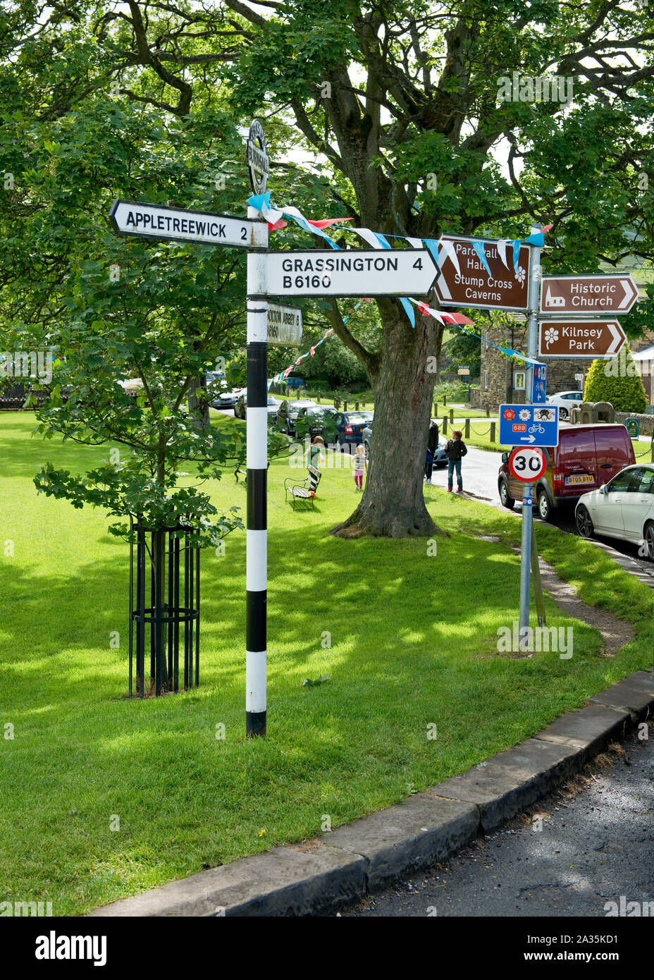 Road sign for Grassington, Appletrewick, Kilnsey Park and Stump Cross Caverns. North Yorkshire Dales National Park. North Yorkshire Stock Photo