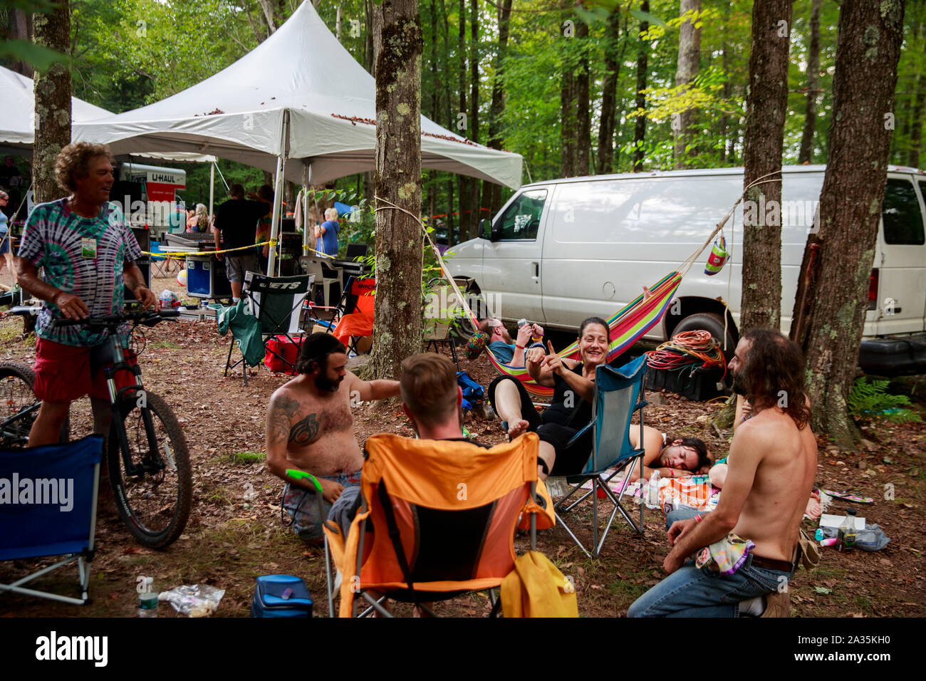 08182019 Bethel, New York, USA Attendees gather near the stage