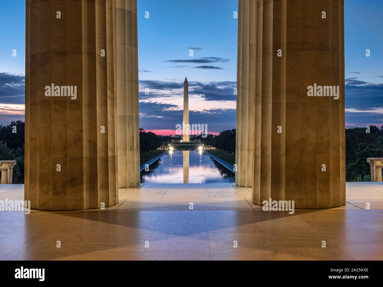 The Washington Monument and Reflection Pool from inside the Lincoln Memorial, National Mall, Washington DC, USA Stock Photo