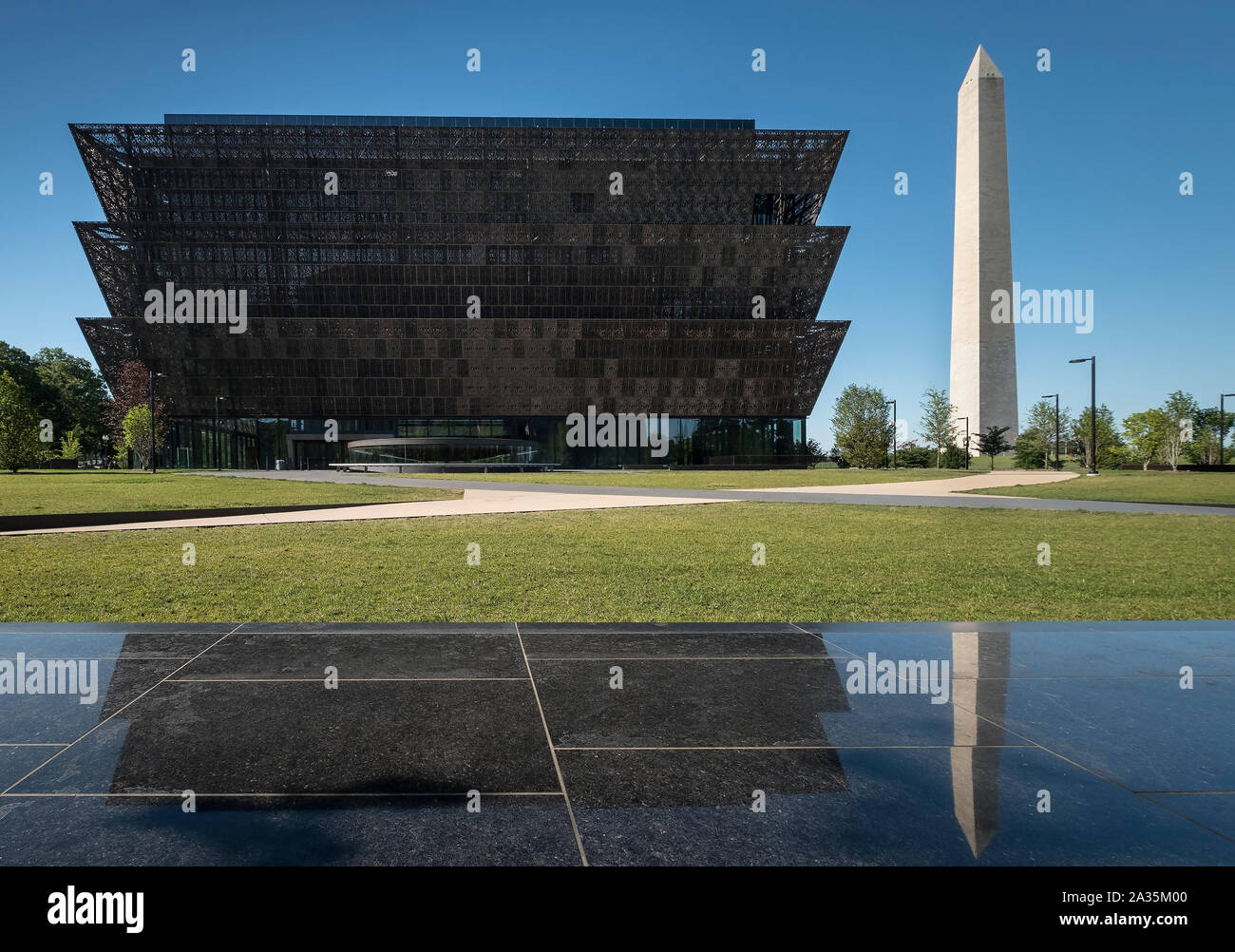 The African American History Museum and Washington Monument, National Mall, Washington DC, USA Stock Photo