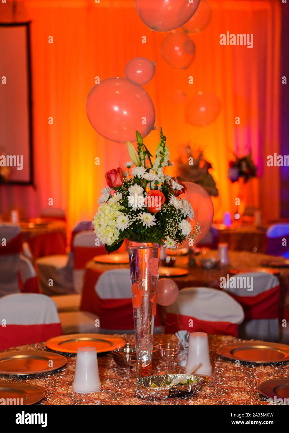 Event Party Centerpiece With Flowers and Balloons Stock Photo Alamy