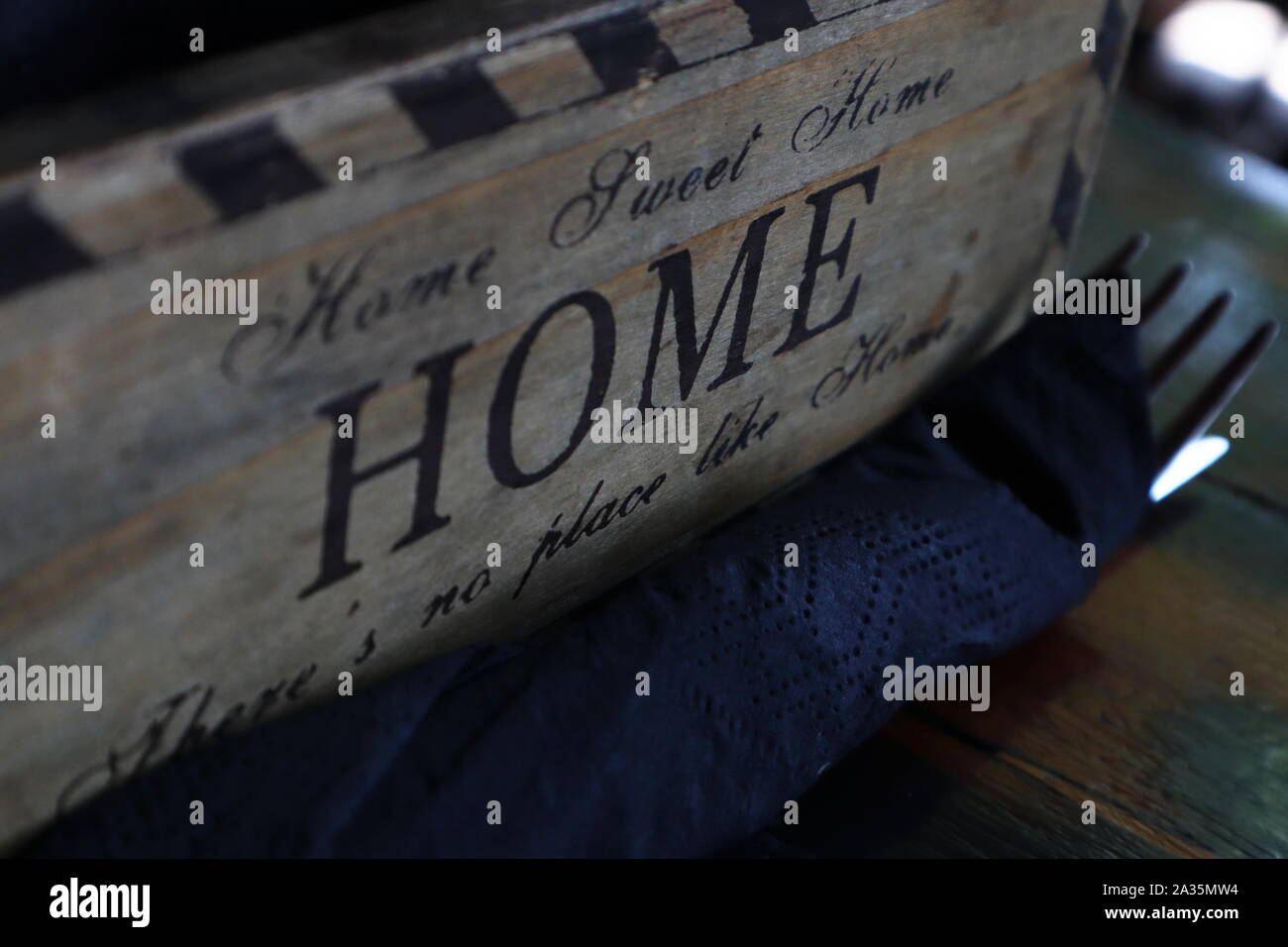 Condiments box reading Home Sweet Home, No Place like Home Stock Photo