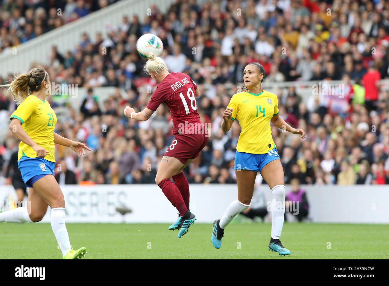 Middlesborough, UK. 05th Oct, 2019. Beth England of England heads the ball on as Kathellena of Brazil looks on during the International Friendly match between England Women and Brazil Women at the Riverside Stadium, Middlesbrough on Saturday 5th October 2019. (Credit: Harry Cook | MI News) Photograph may only be used for newspaper and/or magazine editorial purposes, license required for commercial use Credit: MI News & Sport /Alamy Live News Stock Photo