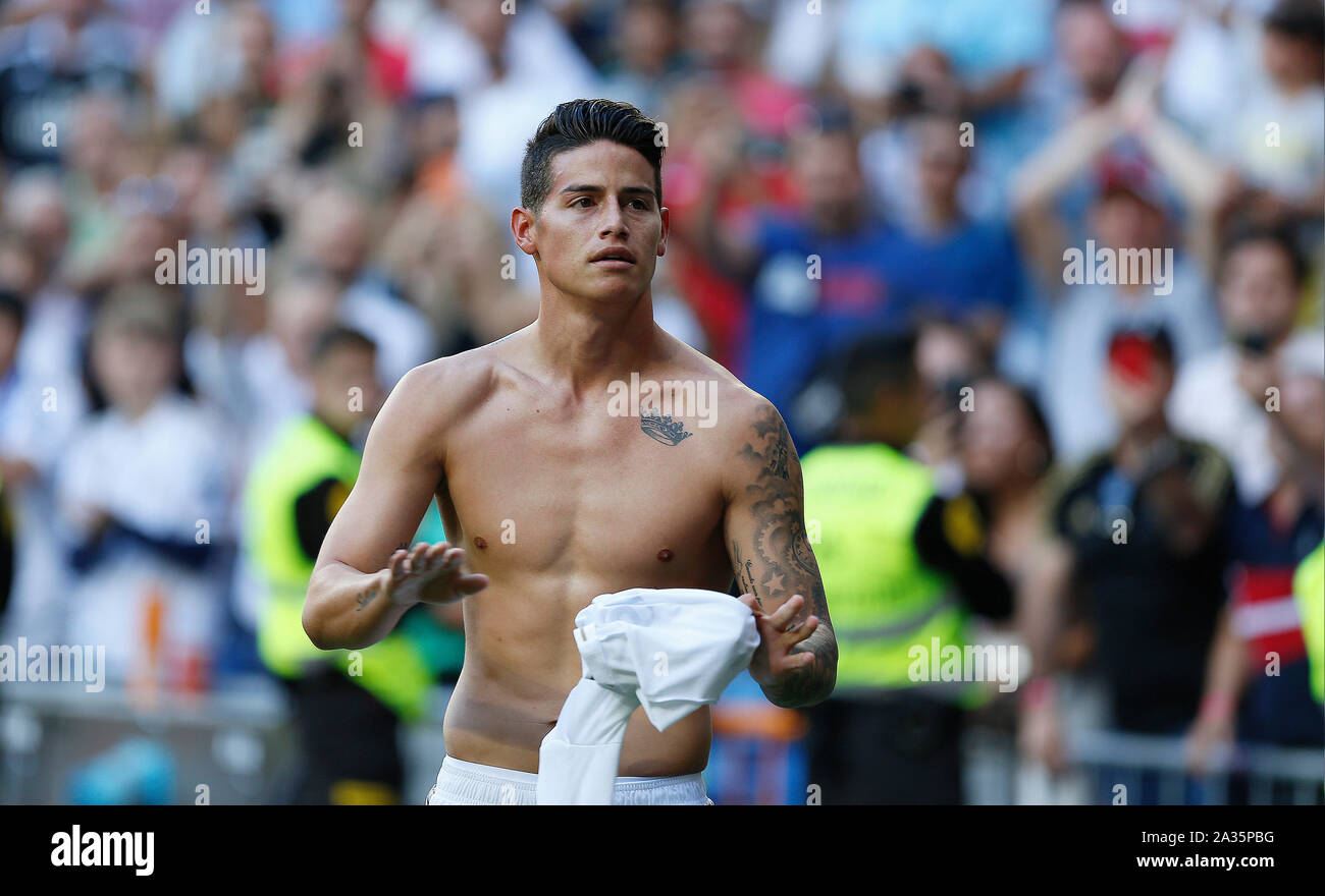 Madrid, Spain. 05th Oct, 2019. Real Madrid CF's James Rodriguez celebrates after scoring a goal during the Spanish La Liga match round 8 between Real Madrid and Granada CF at Santiago Bernabeu Stadium in Madrid.Final Score: Real Madrid 4 - 2 Granada CF Credit: SOPA Images Limited/Alamy Live News Stock Photo