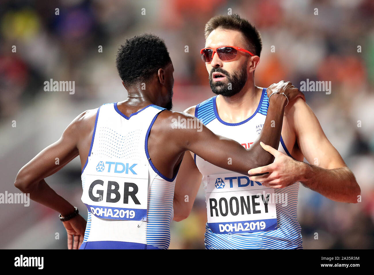 Great Britain's Rabah Yousif (left) and Martyn Rooney after the 4x400 ...