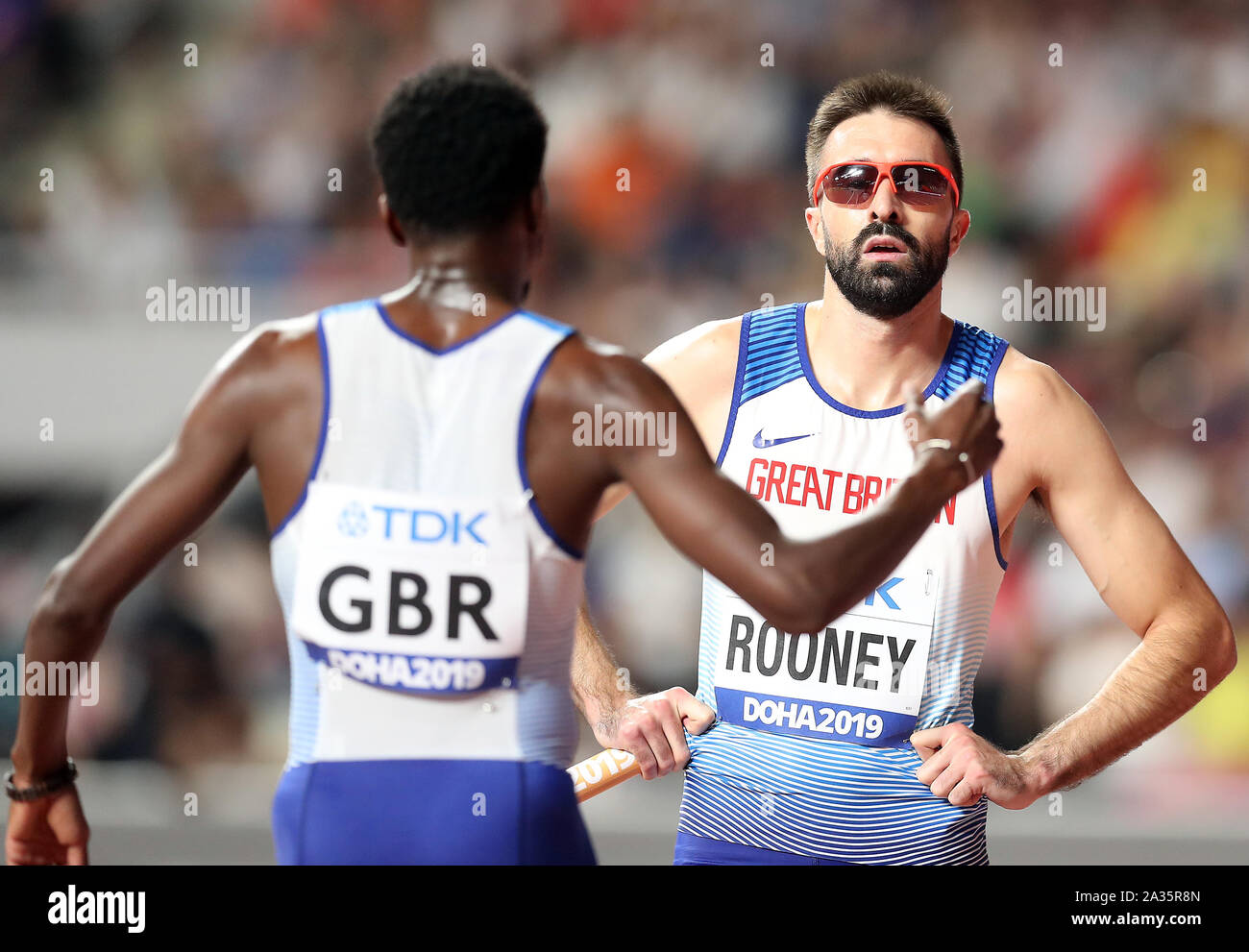 Great Britain's Rabah Yousif (left) and Martyn Rooney after the 4x400 ...