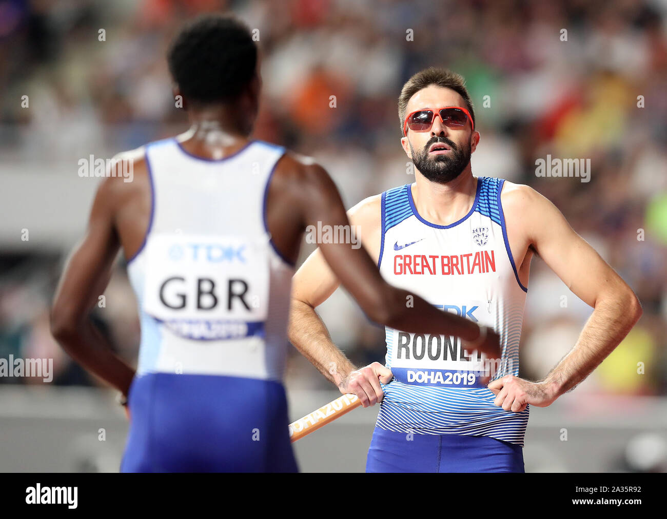Great Britain's Rabah Yousif (left) and Martyn Rooney after the 4x400 ...