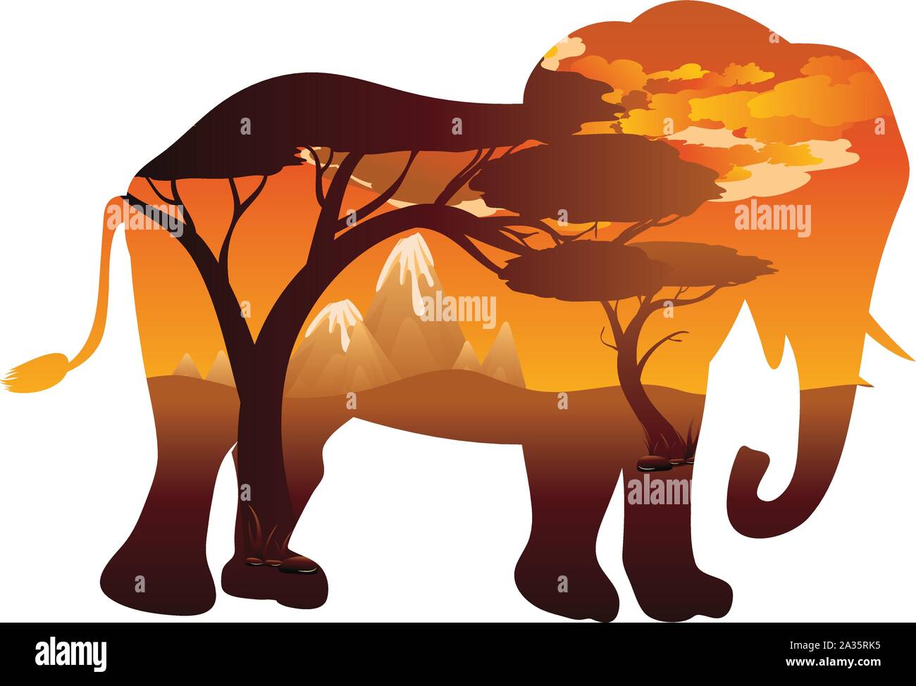 Colorful sunset scene, african landscape with silhouette of trees and ...